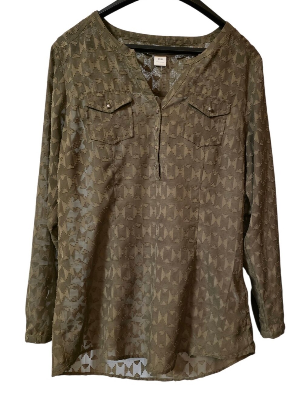 Ariat Semi Sheer Partial Button Down Pull Over Long Sleeve Blouse In Olive Green